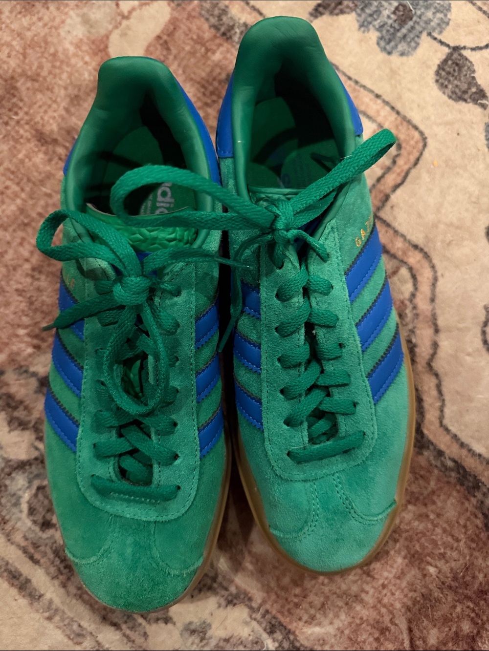 Women’s Adidas Gazelle Green Suede Sneakers with Blue Stripes